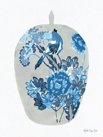 Blue Bird Vase White Modern Wood Framed Art Print with Double Matting by Stellar Design Studio