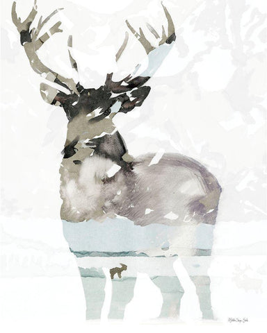 Elk Impression 1 White Modern Wood Framed Art Print with Double Matting by Stellar Design Studio