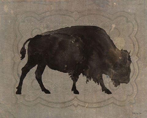 Buffalo Impression 1 White Modern Wood Framed Art Print with Double Matting by Stellar Design Studio