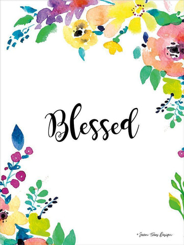 Floral Blessed White Modern Wood Framed Art Print with Double Matting by Seven Trees Design