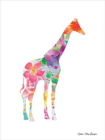 Floral Giraffe White Modern Wood Framed Art Print with Double Matting by Seven Trees Design