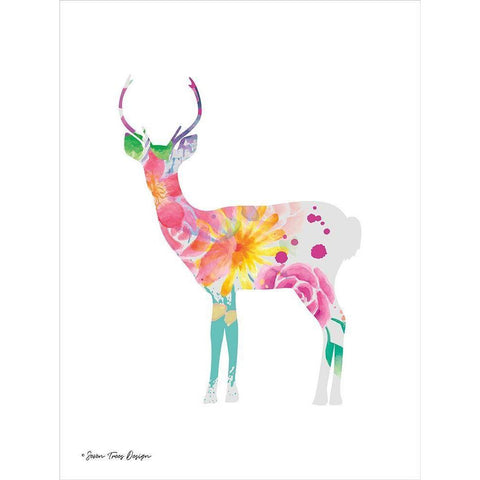 Floral Deer Black Modern Wood Framed Art Print by Seven Trees Design