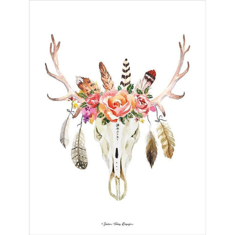 Boho Floral Feather Skull Gold Ornate Wood Framed Art Print with Double Matting by Seven Trees Design