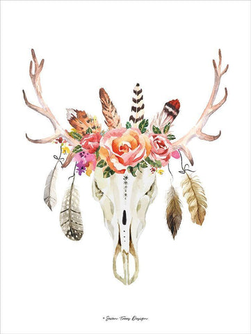 Boho Floral Feather Skull White Modern Wood Framed Art Print with Double Matting by Seven Trees Design