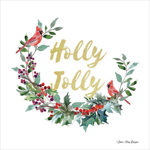 Holly Jolly Cardinal Wreath Gold Ornate Wood Framed Art Print with Double Matting by Seven Trees Design