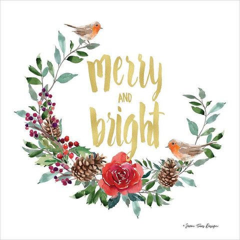 Merry and Bright Robin Wreath White Modern Wood Framed Art Print by Seven Trees Design