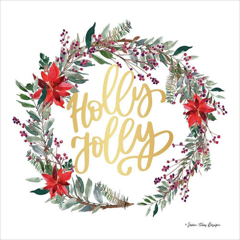 Holly Jolly Poinsettia Wreath White Modern Wood Framed Art Print with Double Matting by Seven Trees Design