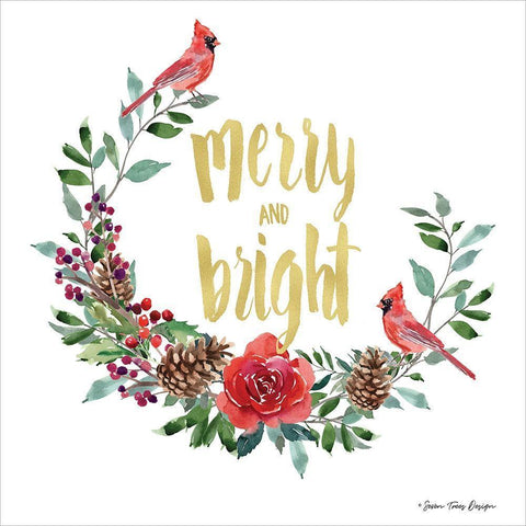 Merry and Bright Wreath with Cardinals  White Modern Wood Framed Art Print with Double Matting by Seven Trees Design