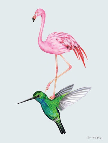 The Hummingbird and the Flamingo White Modern Wood Framed Art Print with Double Matting by Seven Trees Design