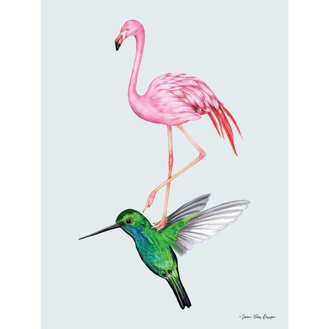 The Hummingbird and the Flamingo White Modern Wood Framed Art Print by Seven Trees Design