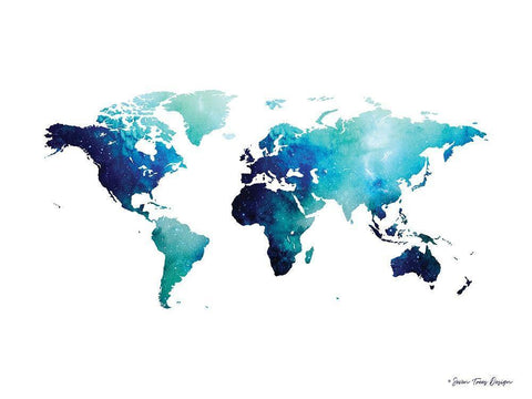 Blue Space World Map    White Modern Wood Framed Art Print with Double Matting by Seven Trees Design