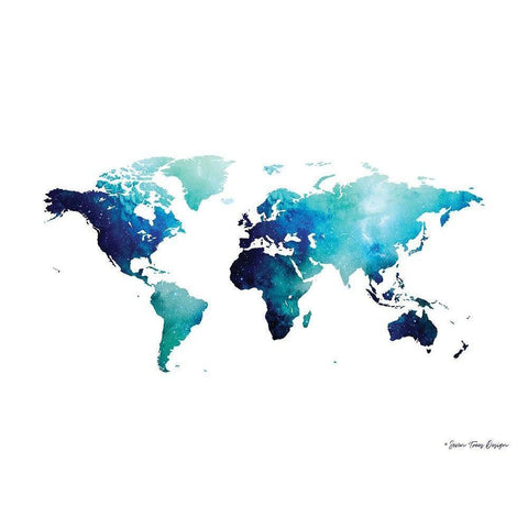 Blue Space World Map    White Modern Wood Framed Art Print by Seven Trees Design