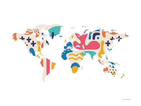 Abstract Colorful World Map White Modern Wood Framed Art Print with Double Matting by Seven Trees Design