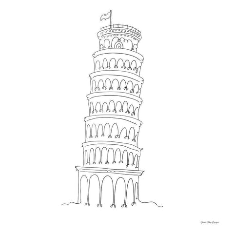 One Line Pisa Tower Italy White Modern Wood Framed Art Print with Double Matting by Seven Trees Design