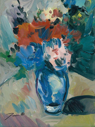 Blue Vase White Modern Wood Framed Art Print with Double Matting by Trujillo, Jose