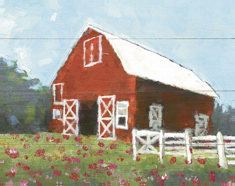 Flower Field Barn White Modern Wood Framed Art Print with Double Matting by White Ladder