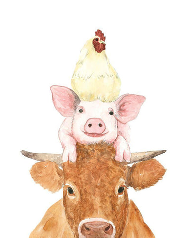 Cluck-Oink-Moo Stack White Modern Wood Framed Art Print with Double Matting by White Ladder