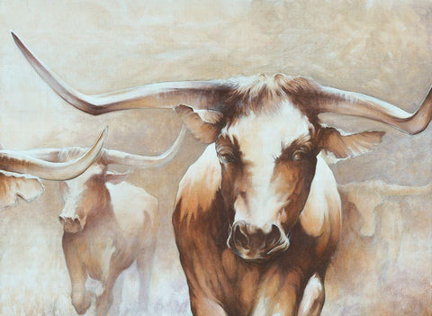 Longhorn Herd White Modern Wood Framed Art Print with Double Matting by White Ladder