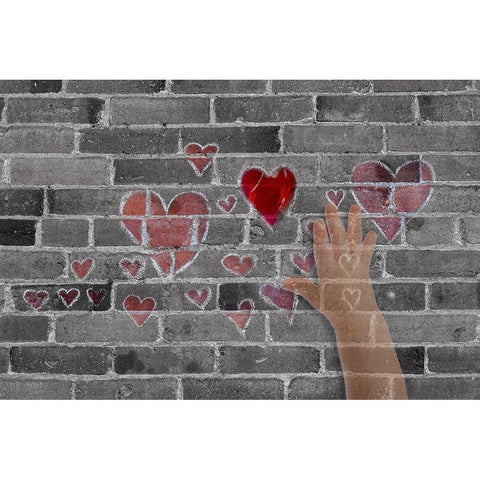 Abstract of brick wall with hearts and hand White Modern Wood Framed Art Print by Jaynes Gallery