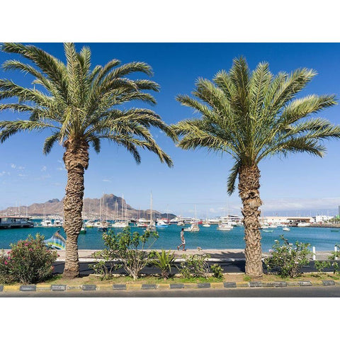 View of Marina and Porto Grande City Mindelo-a seaport on the island Sao Vicente-Cape Verde Africa White Modern Wood Framed Art Print by Zwick, Martin