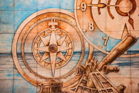 Nile River Expedition-Lower Egypt-Cairo Mural of compass and clock signifying Egypts early advances White Modern Wood Framed Art Print with Double Matting by Jones, Alison