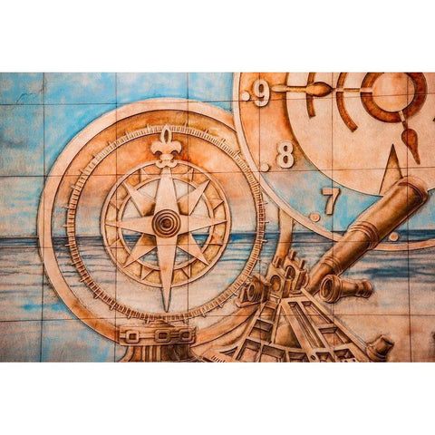 Nile River Expedition-Lower Egypt-Cairo Mural of compass and clock signifying Egypts early advances Black Modern Wood Framed Art Print by Jones, Alison
