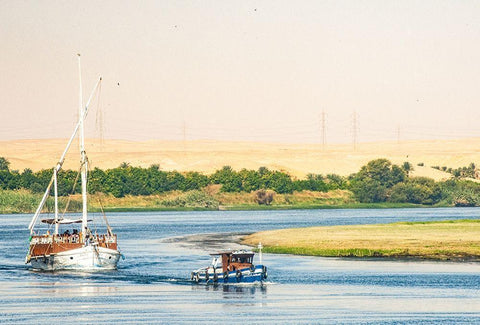 Upper Egypt-Aswan-between and Edfu on a meander of the Nile-the Amelia under tow White Modern Wood Framed Art Print with Double Matting by Jones, Alison