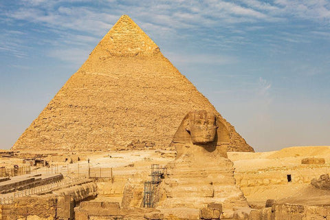 Africa-Egypt-Cairo Giza plateau Great Sphinx of Giza in front of the Pyramid of Khafre White Modern Wood Framed Art Print with Double Matting by Wilson, Emily