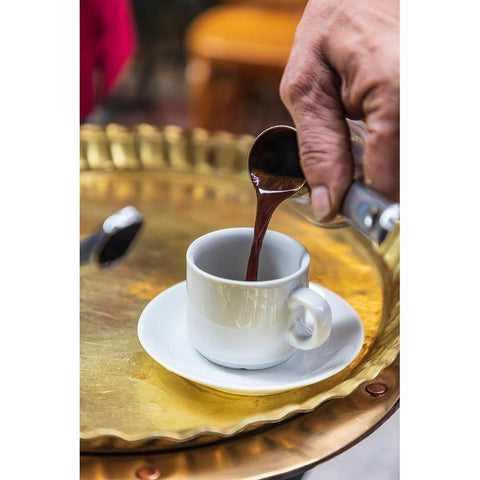 Africa-Egypt-Cairo Egyptian coffee being served traditionally at a coffee shop in Cairo Black Modern Wood Framed Art Print by Wilson, Emily