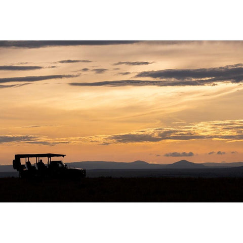 Africa-Kenya-Northern Serengeti Plains-Maasai Mara-Mara sunrise with safari jeep silhouette Black Modern Wood Framed Art Print by Hopkins, Cindy Miller