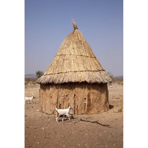 Goats and hut in Himba village, Opuwo, Namibia Black Modern Wood Framed Art Print by Kaveney, Wendy