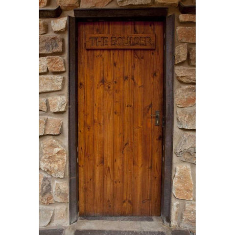 Namibia, Aus Front door of Boulder chalet Black Modern Wood Framed Art Print by Kaveney, Wendy