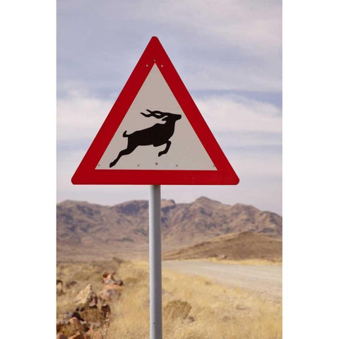Namibia, Namib Desert, Kudu crossing caution sign White Modern Wood Framed Art Print by Kaveney, Wendy