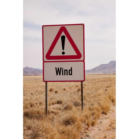 Namibia, Namib Desert Wind caution sign Black Modern Wood Framed Art Print by Kaveney, Wendy