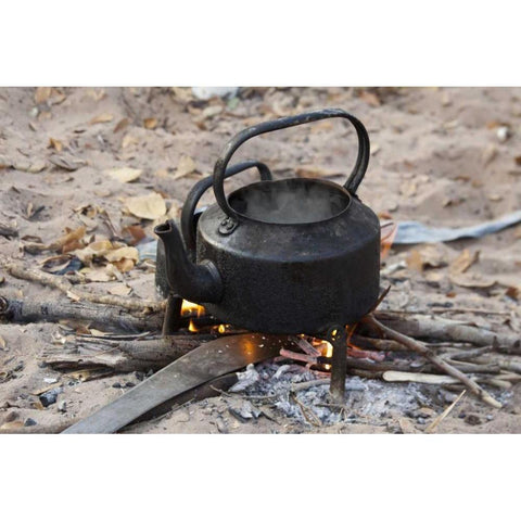 Namibia, Nhoma Kettle heats on an open fire Black Modern Wood Framed Art Print by Kaveney, Wendy