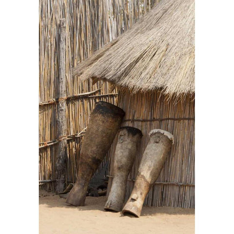 Namibia, Caprivi Strip Tribal drums lean on hut Black Modern Wood Framed Art Print by Kaveney, Wendy