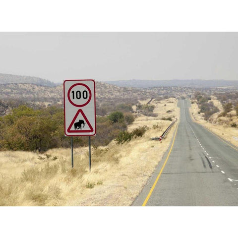 Namibia, Etosha NP Speed limit and caution sign Black Modern Wood Framed Art Print with Double Matting by Kaveney, Wendy