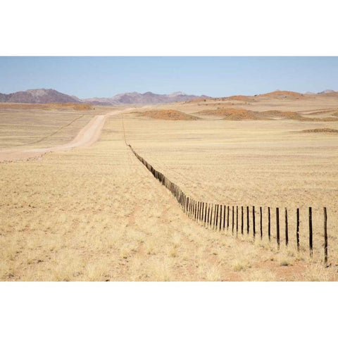 Namibia, Namib Desert Road and fence in desert Black Modern Wood Framed Art Print by Kaveney, Wendy