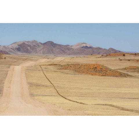 Namibia, Namib Desert Road and fence in desert Black Modern Wood Framed Art Print by Kaveney, Wendy