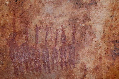 South Africa Rock painting of dancing ladies White Modern Wood Framed Art Print with Double Matting by Kaveney, Wendy