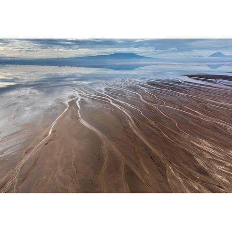 Africa-Tanzania-Aerial view of streams winding along shore and distant Ol Doinyo Lengai volcano Black Modern Wood Framed Art Print with Double Matting by Souders, Paul