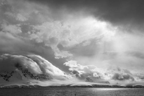 Antarctica, Stormy snow clouds over peninsula White Modern Wood Framed Art Print with Double Matting by Young, Bill