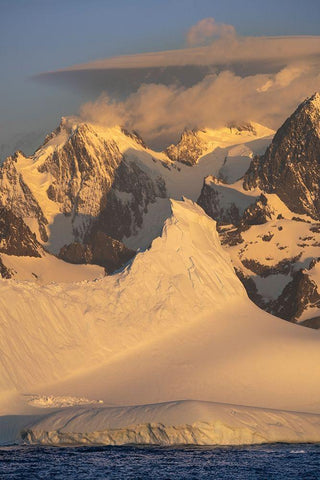 Antarctica-South Georgia Island-Coopers Bay Iceberg and mountains at sunrise  White Modern Wood Framed Art Print with Double Matting by Jaynes Gallery