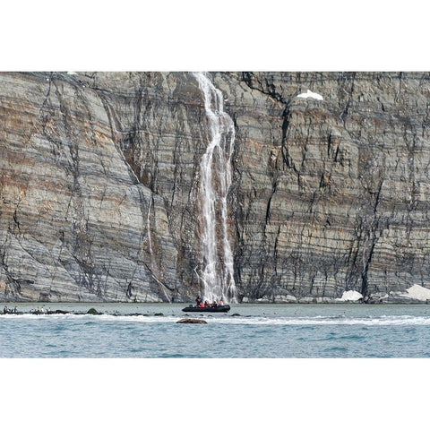 Zodiac approaching waterfall and king penguins on the beach-Gold Harbour-South Georgia-Antarctica Black Modern Wood Framed Art Print by Su, Keren
