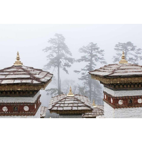 Bhutan, Dochu La Chortens and trees in fog Black Modern Wood Framed Art Print by Kirkland, Dennis