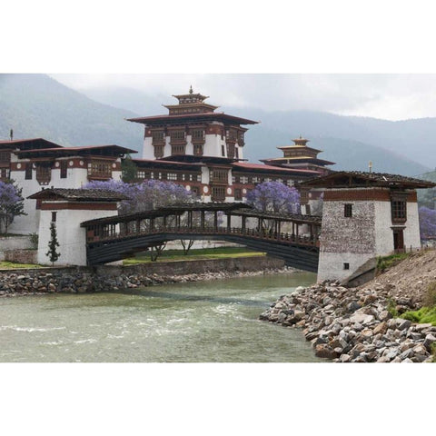 Bhutan Foot bridge near Punakha Dzong palace Black Modern Wood Framed Art Print by Kirkland, Dennis