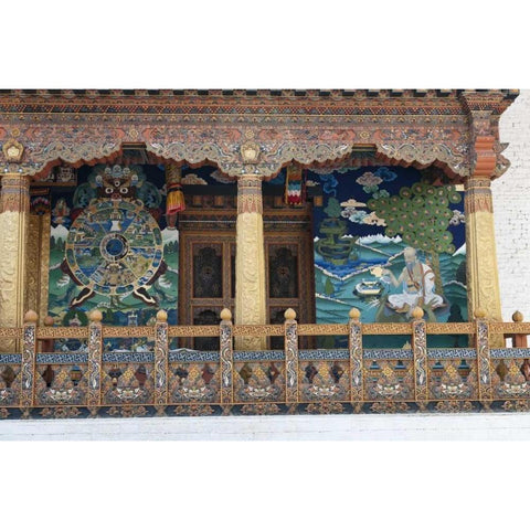 Bhutan Detailed woodwork at Punakha Dzong palace Gold Ornate Wood Framed Art Print with Double Matting by Kirkland, Dennis