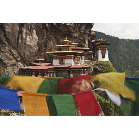 Bhutan Prayer flags hang near Taktshang Black Modern Wood Framed Art Print by Kirkland, Dennis