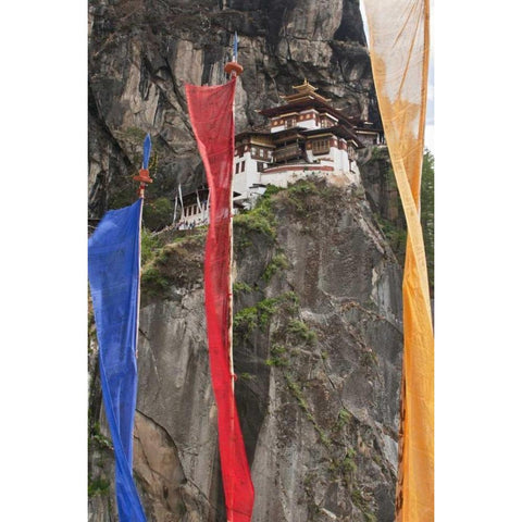 Bhutan Prayer flags hang near Taktshang Gold Ornate Wood Framed Art Print with Double Matting by Kirkland, Dennis