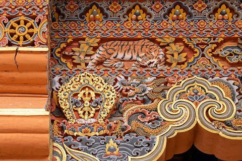Bhutan Traditional hand painted and carved wooden architectural detail with tiger and dragon Black Ornate Wood Framed Art Print with Double Matting by Hopkins, Cindy Miller